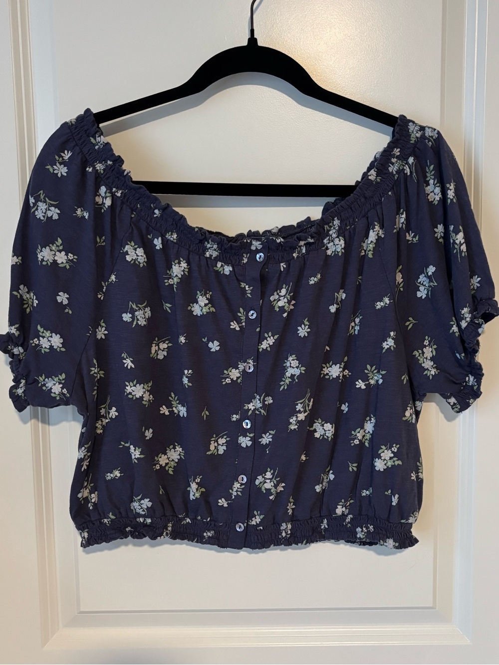 Lucky Brand Navy Blue Floral Off-Shoulder Crop Top